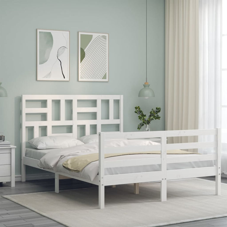 Bedframe met hoofdbord massief hout wit 120x200 cm