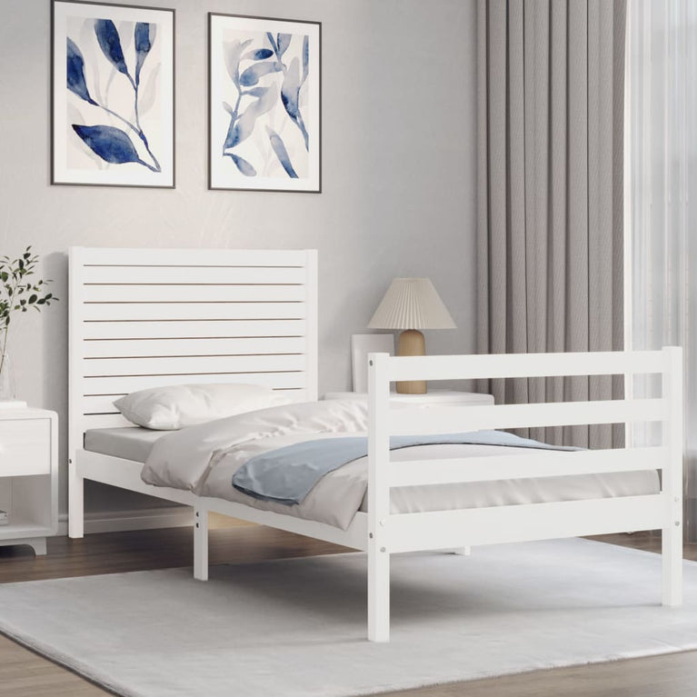 Bedframe met hoofdbord massief hout wit 90x200 cm