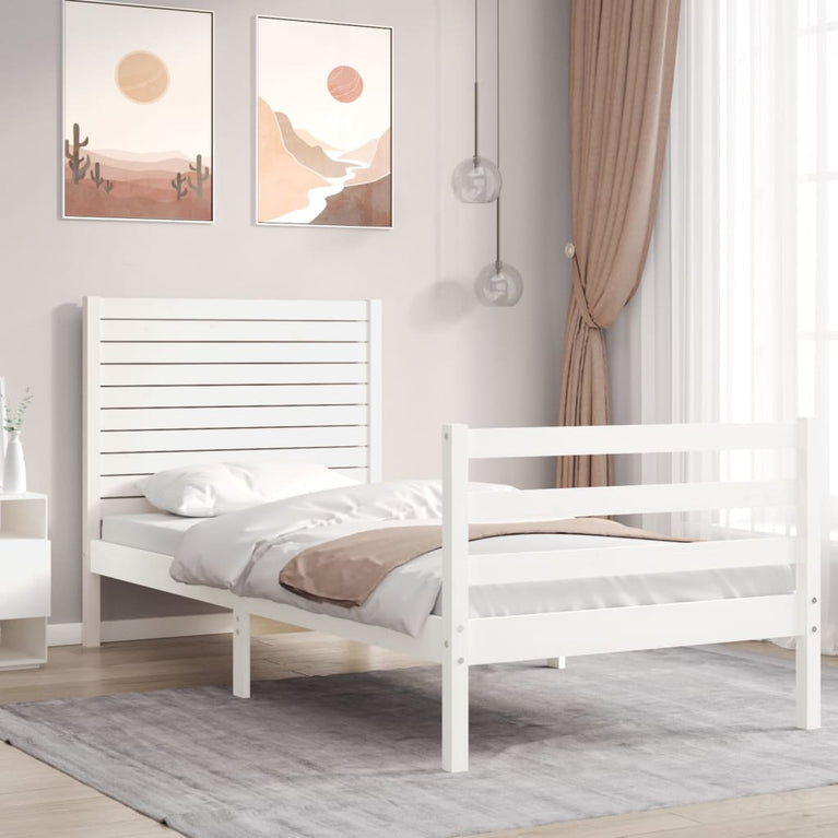 Bedframe met hoofdbord massief hout wit 90x200 cm