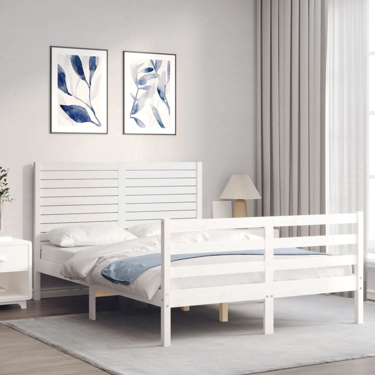 Bedframe met hoofdbord massief hout wit 120x200 cm