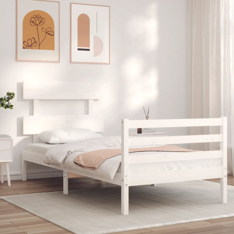Bedframe met hoofdbord massief hout wit 3FT Single