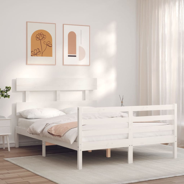 Bedframe met hoofdbord massief hout wit 120x200 cm
