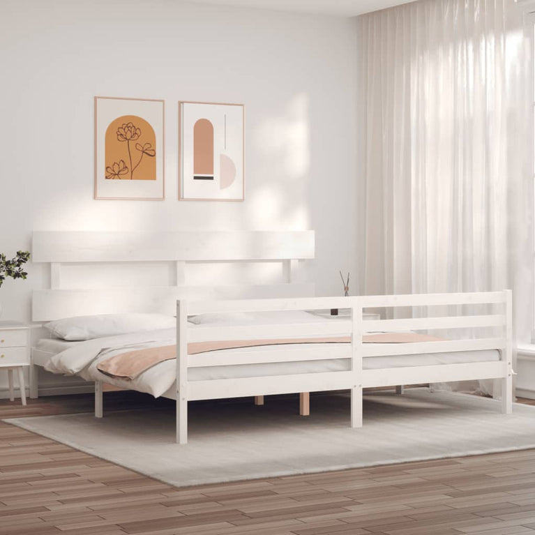 Bedframe met hoofdbord massief hout wit Super King Size