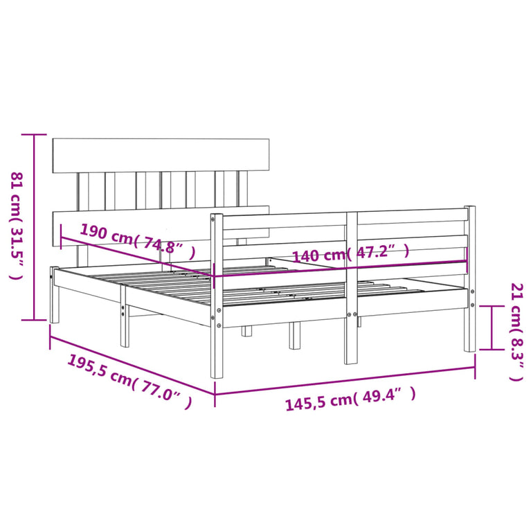Bedframe met hoofdbord massief hout wit 140x190 cm
