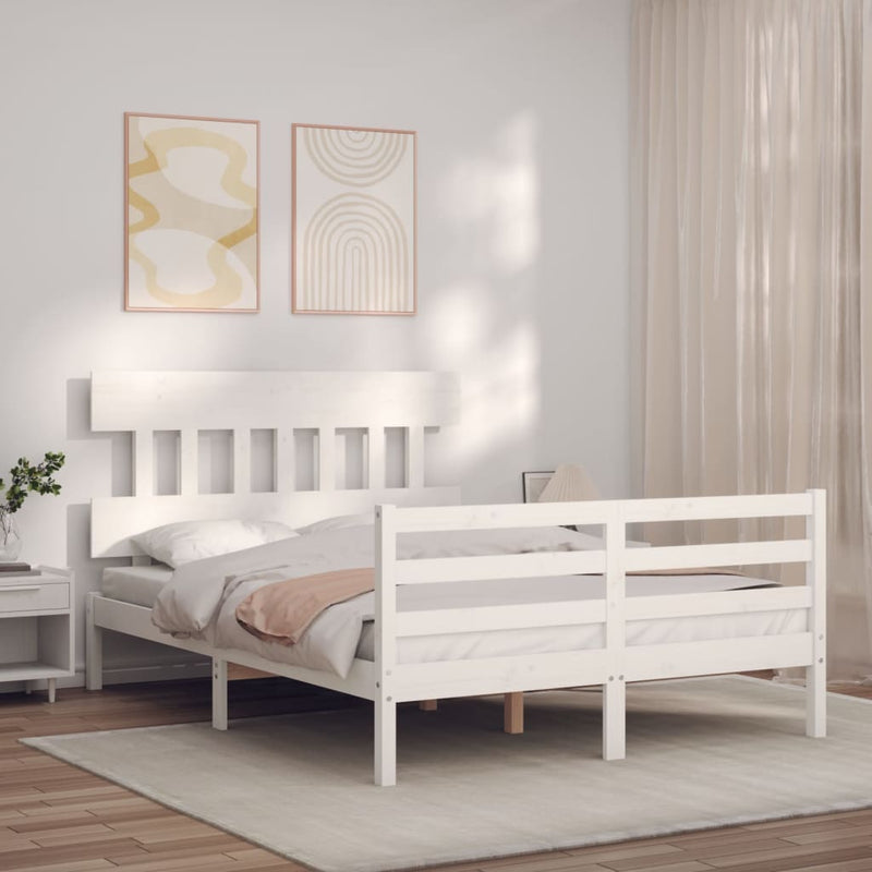 Bedframe met hoofdbord massief hout wit 140x190 cm