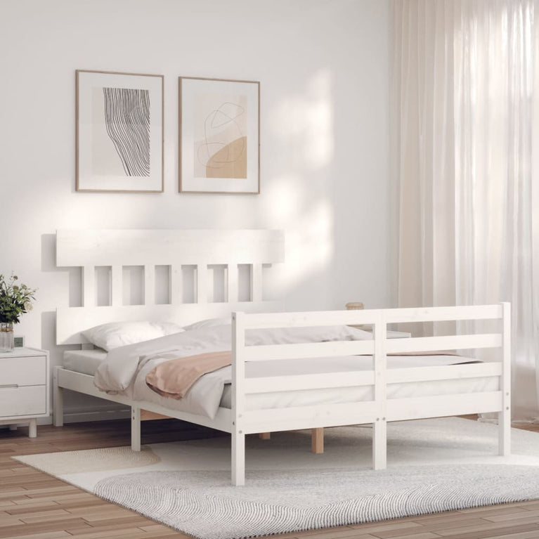 Bedframe met hoofdbord massief hout wit 120x200 cm