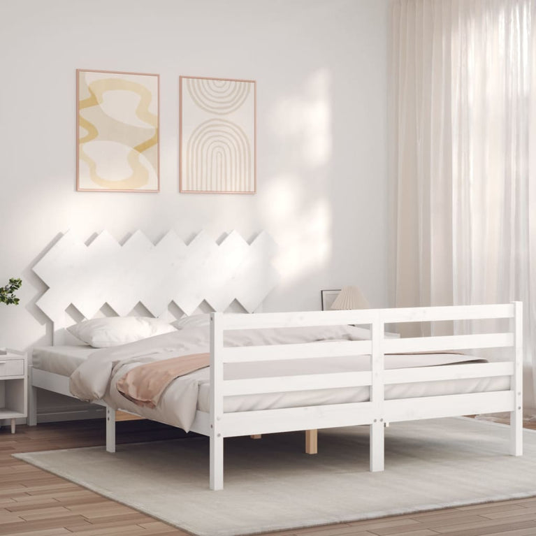 Bedframe met hoofdbord massief hout wit 140x190 cm