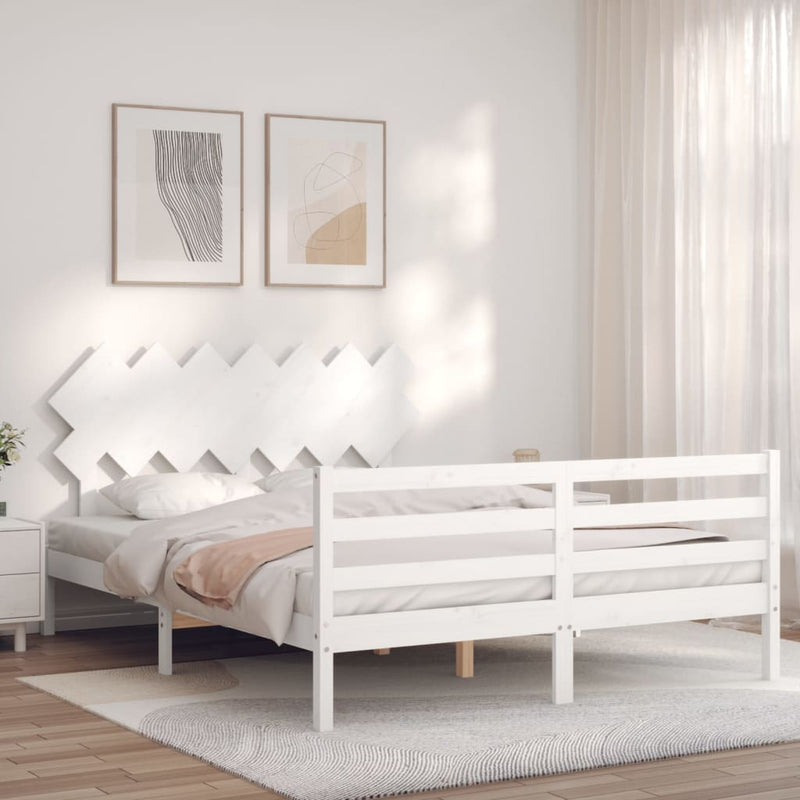 Bedframe met hoofdbord massief hout wit 140x190 cm