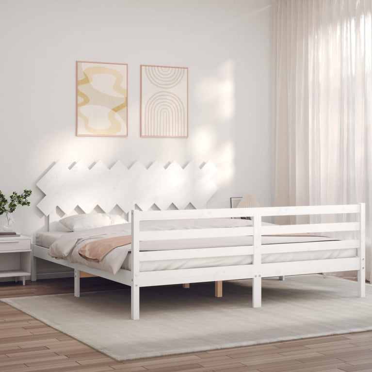 Bedframe met hoofdbord massief hout wit Super King Size