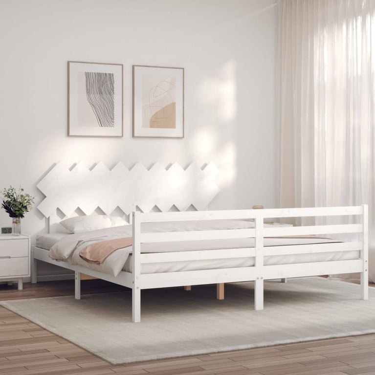 Bedframe met hoofdbord massief hout wit Super King Size