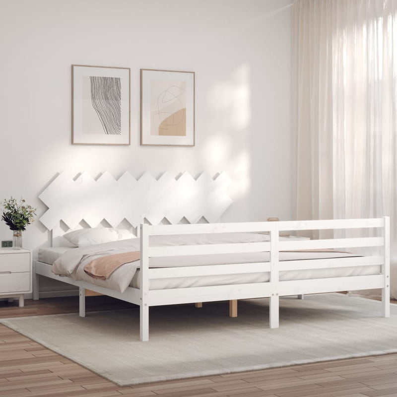 Bedframe met hoofdbord massief hout wit Super King Size
