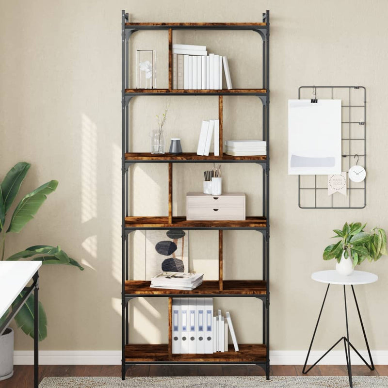 Boekenkast 6-laags 76x32x192 cm bewerkt hout gerookt eikenkleur MeubelReus