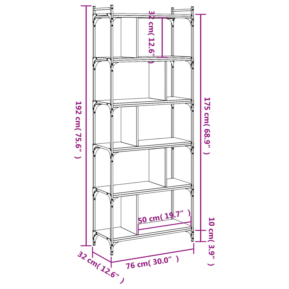 Boekenkast 6-laags 76x32x192 cm bewerkt hout bruin eikenkleur MeubelReus