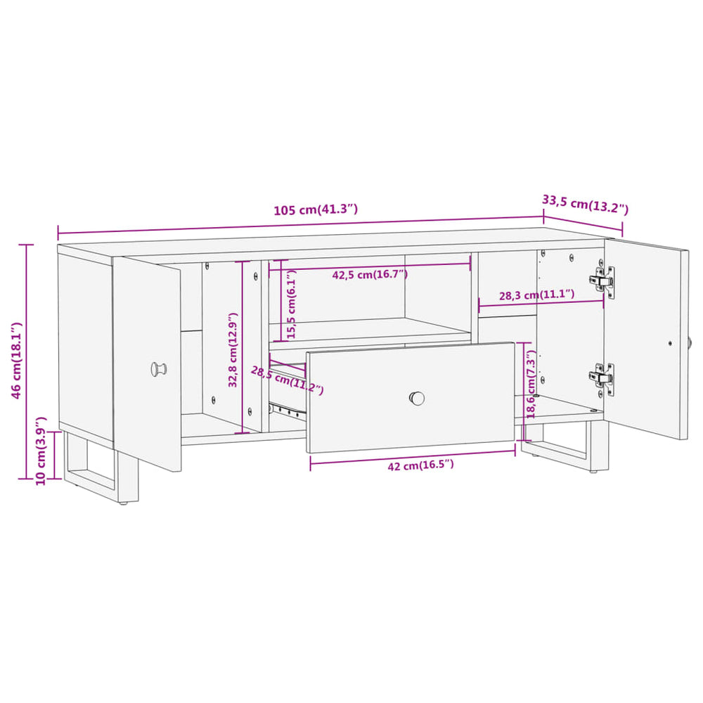 Tv-meubel 105x33,5x46 cm massief mangohout bruin en zwart MeubelReus