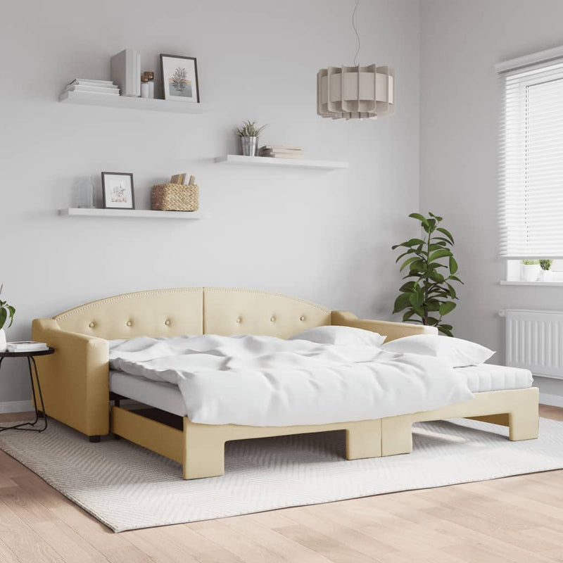 Slaapbank met onderschuifbed en matrassen 100x200 cm stof crème