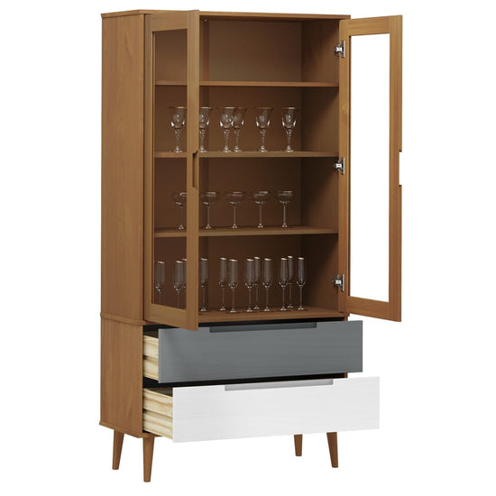 Vitrinekast MOLDE 90x35x175 cm massief grenenhout bruin MeubelReus