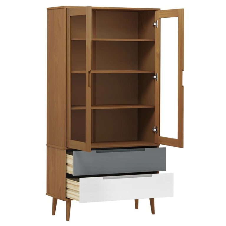 Vitrinekast MOLDE 90x35x175 cm massief grenenhout bruin MeubelReus