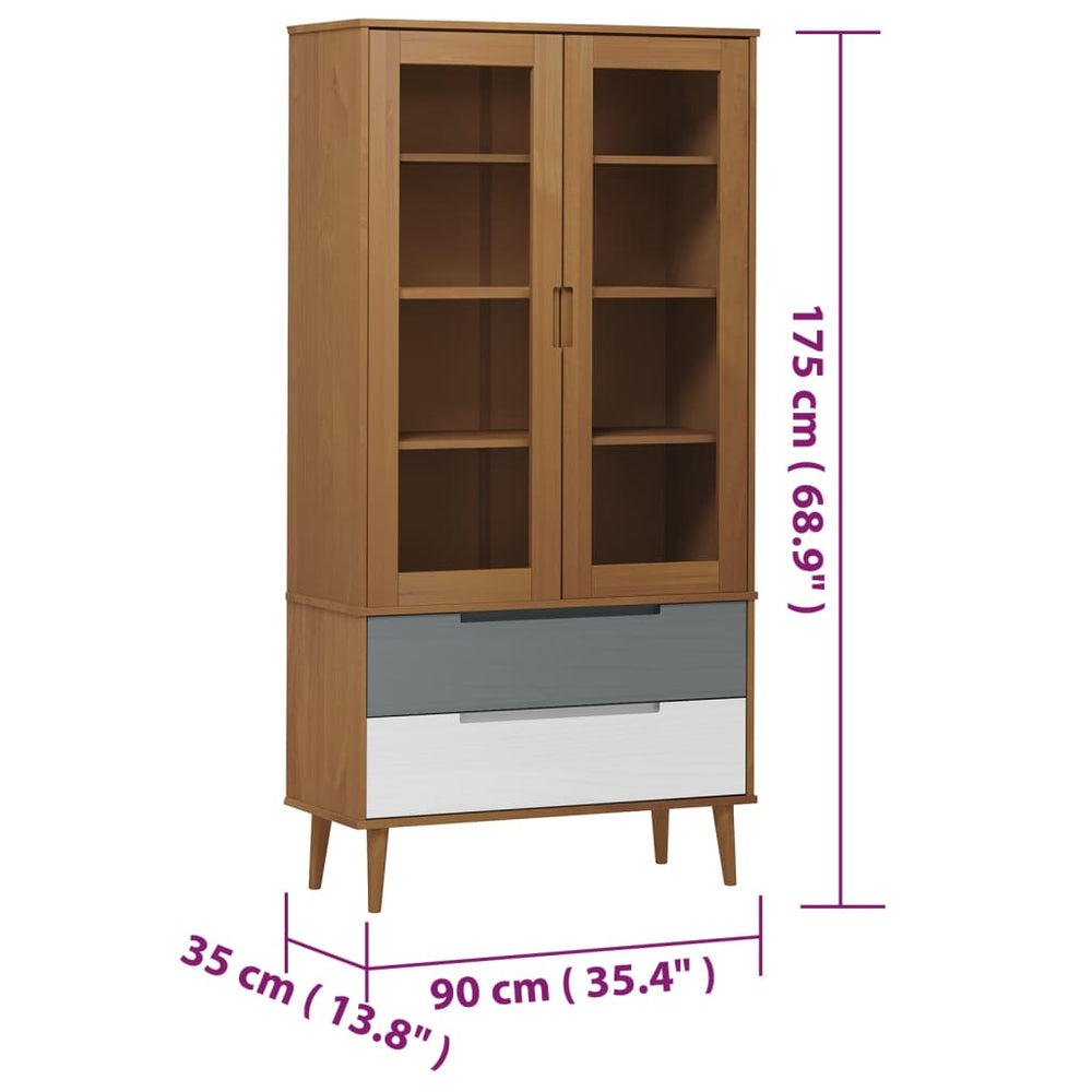 Vitrinekast MOLDE 90x35x175 cm massief grenenhout bruin MeubelReus