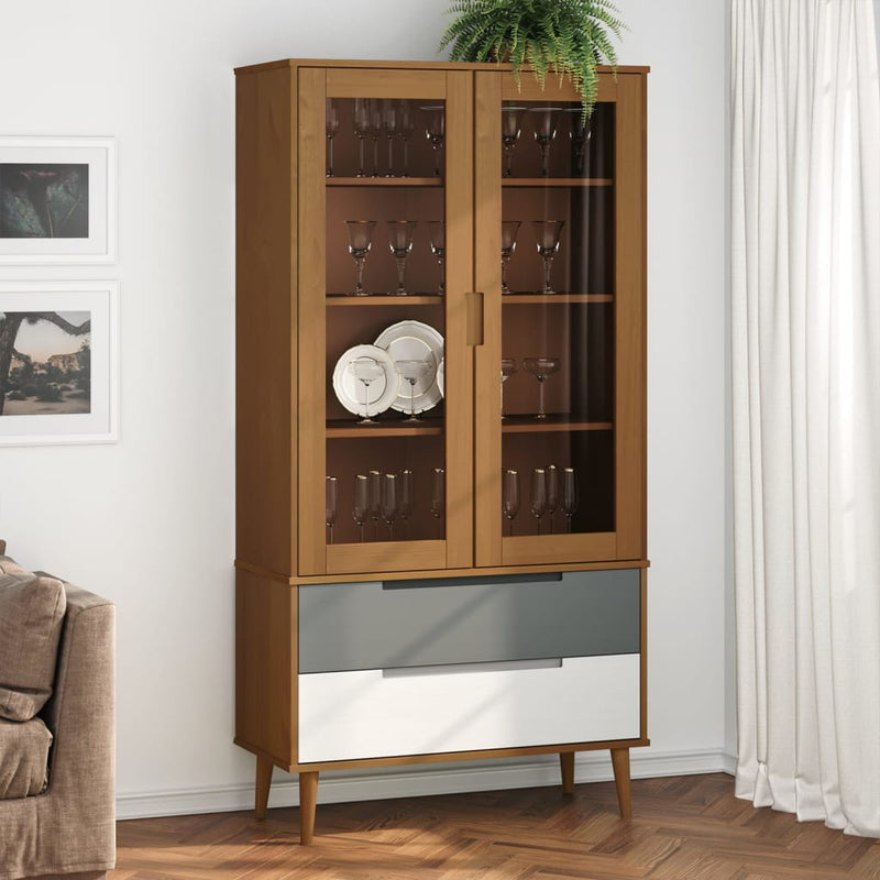 Vitrinekast MOLDE 90x35x175 cm massief grenenhout bruin MeubelReus