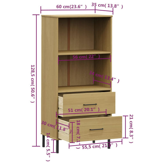 Boekenkast met 2 lades OSLO 60x35x128,5 cm massief hout bruin MeubelReus