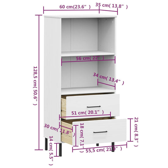 Boekenkast met 2 lades OSLO 60x35x128,5 cm massief hout wit MeubelReus