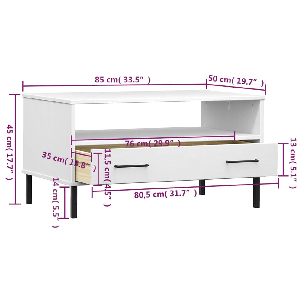 Salontafel met metalen poten OSLO 85x50x45 cm masssief hout wit MeubelReus