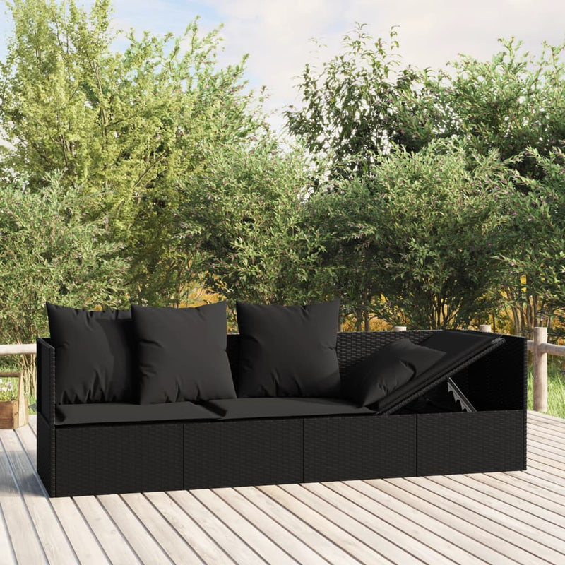 Loungebed met kussens poly rattan zwart MeubelReus