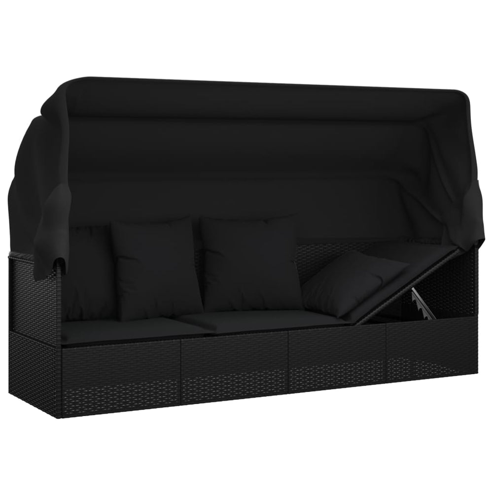Loungebed met luifel en kussens poly rattan zwart MeubelReus