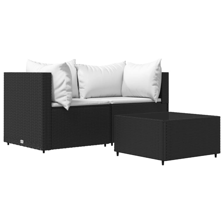 3-delige Loungeset met kussens poly rattan zwart MeubelReus