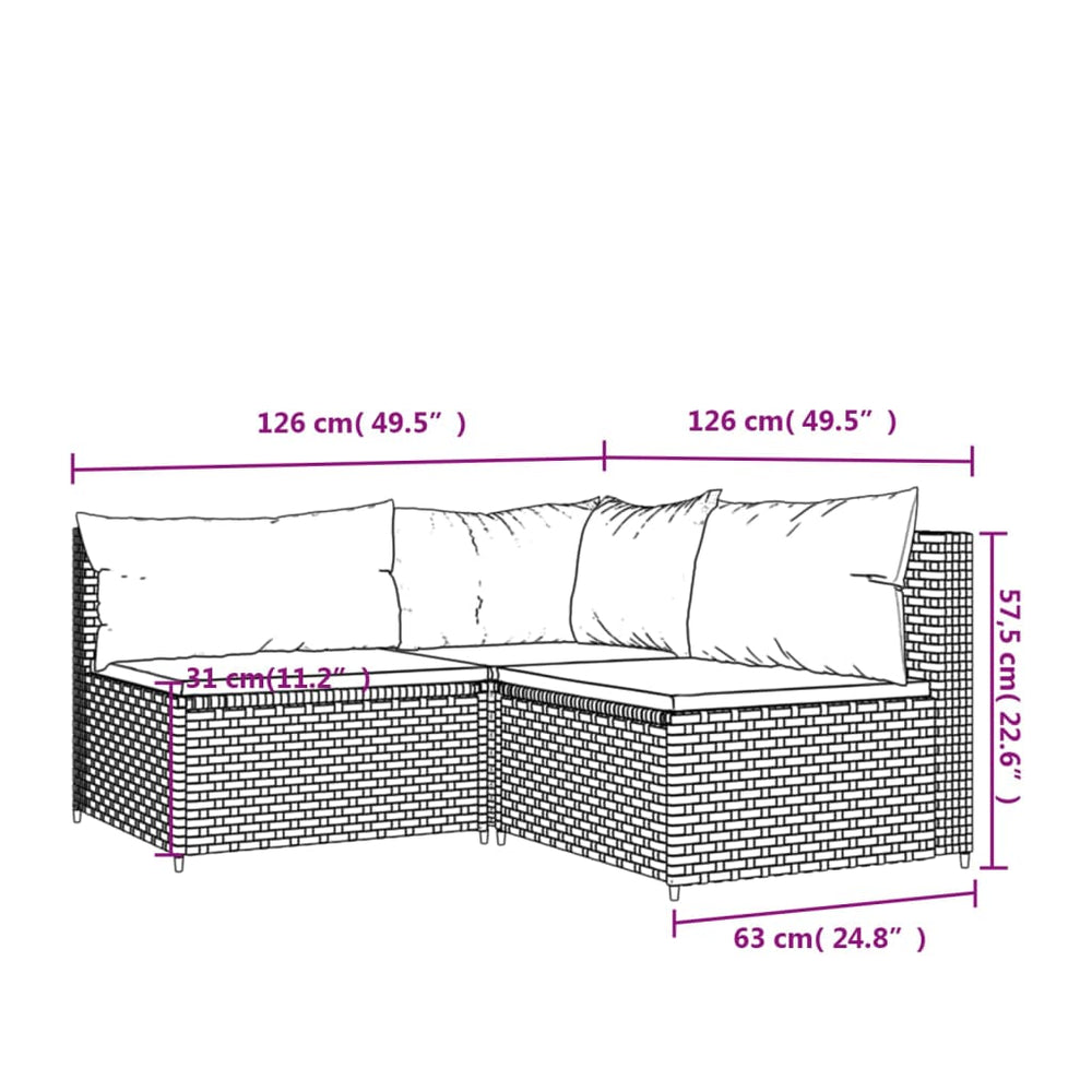 3-delige Loungeset met kussens poly rattan zwart MeubelReus