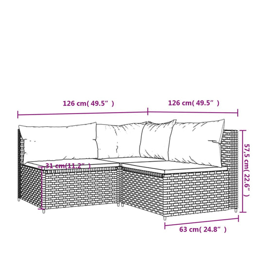 3-delige Loungeset met kussens poly rattan zwart MeubelReus