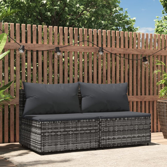 Tuinmiddenbank met kussens 2 st poly rattan grijs MeubelReus