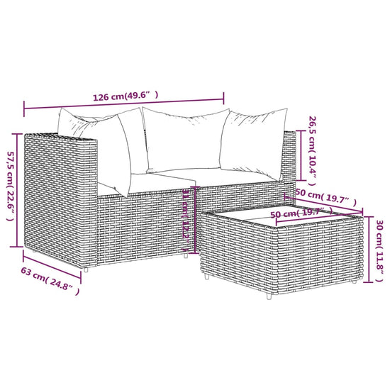3-delige Loungeset met kussens poly rattan zwart MeubelReus