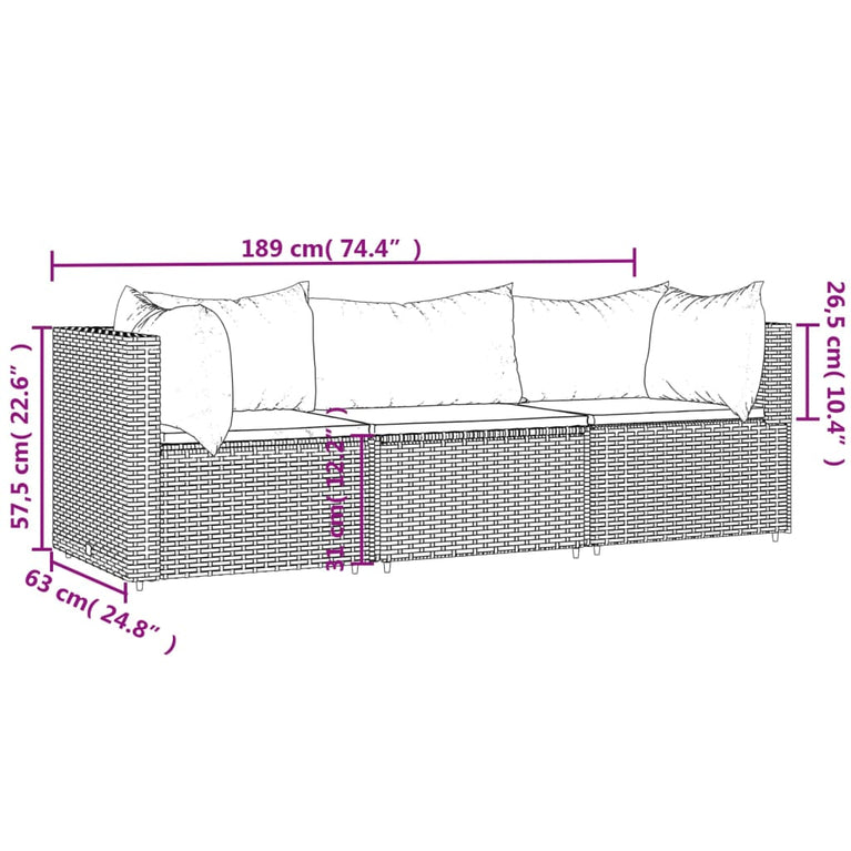 3-delige Loungeset met kussens poly rattan zwart MeubelReus