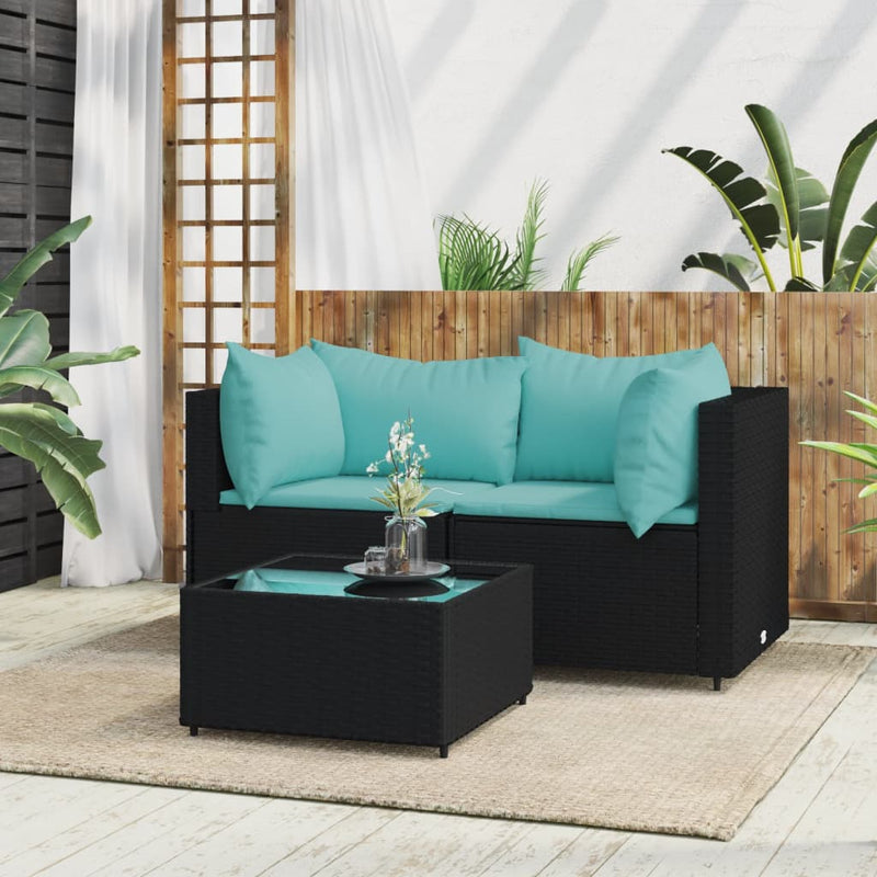 3-delige Loungeset met kussens poly rattan zwart MeubelReus
