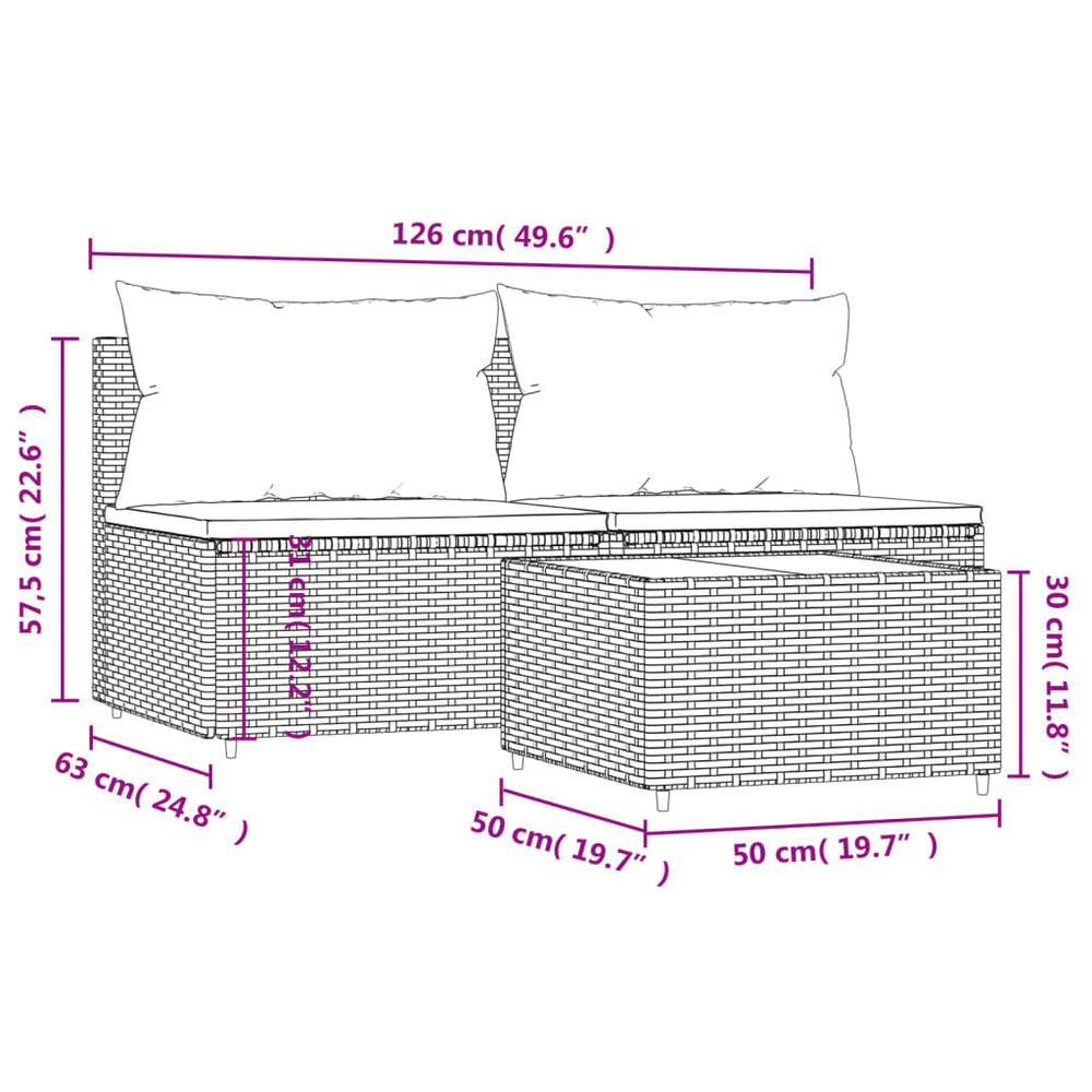3-delige Loungeset met kussens poly rattan zwart MeubelReus