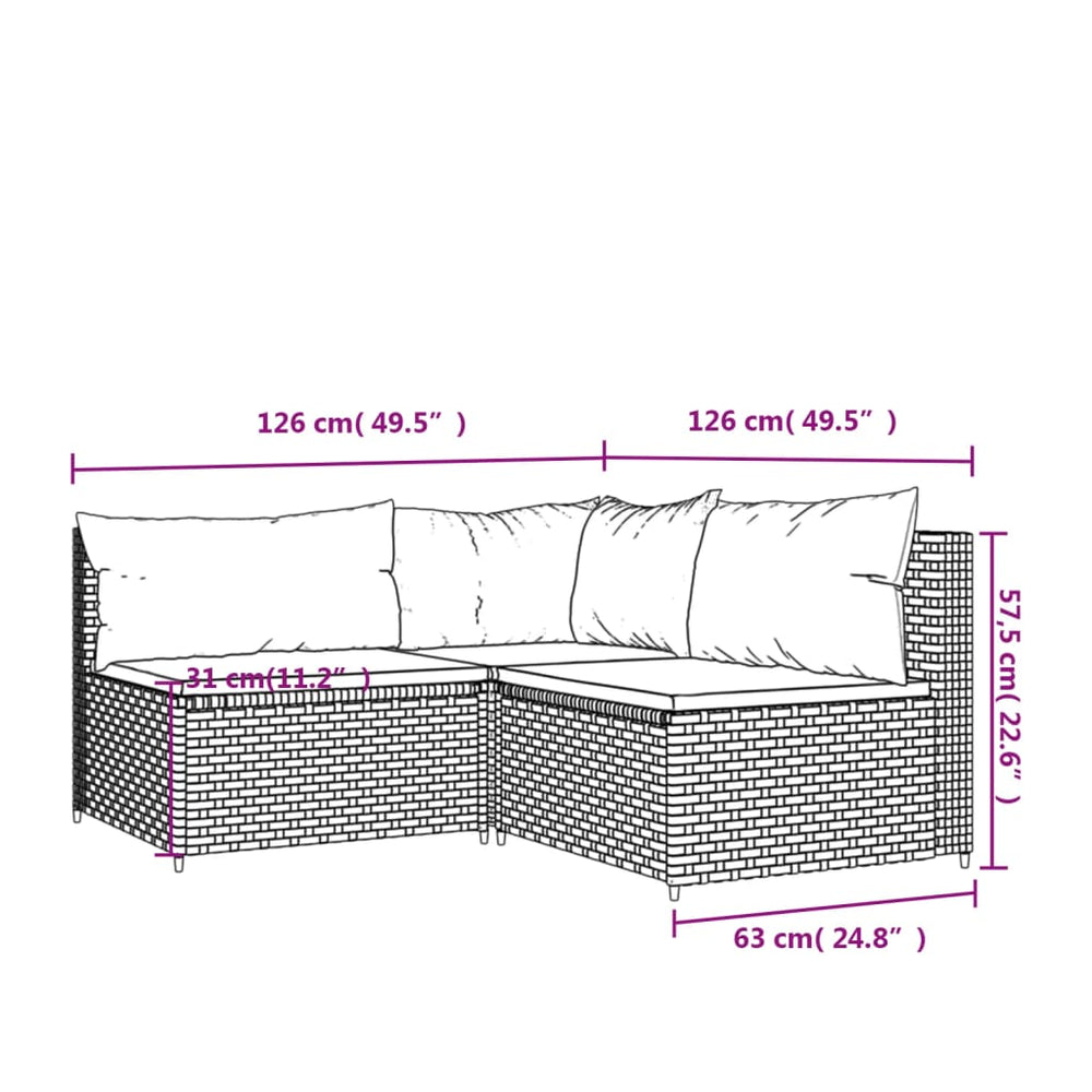 3-delige Loungeset met kussens poly rattan grijs MeubelReus