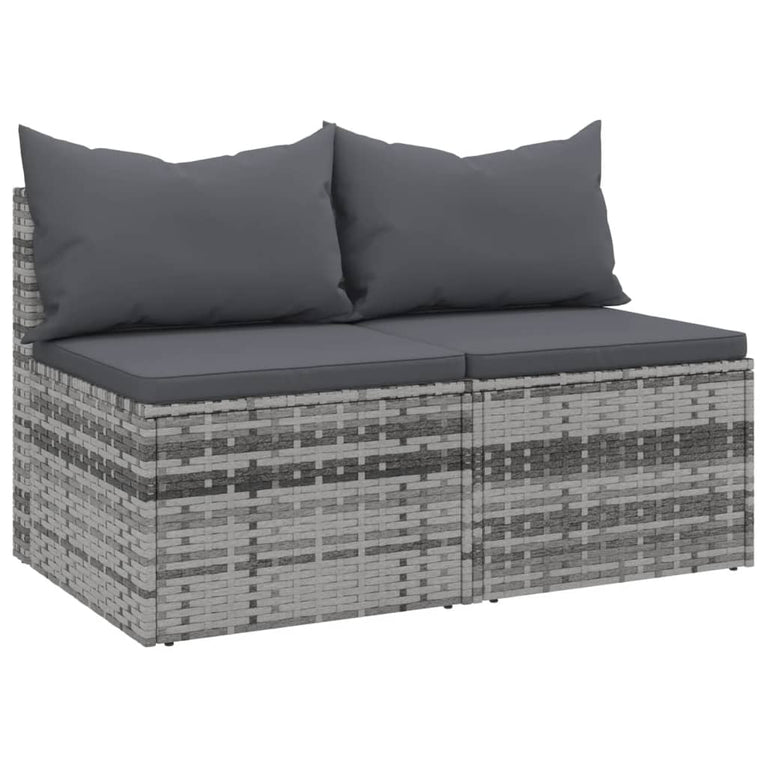Tuinmiddenbank met kussens 2 st poly rattan grijs MeubelReus