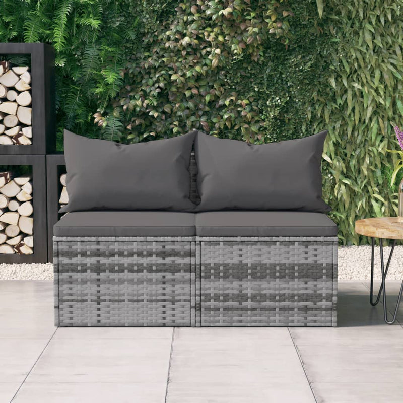 Tuinmiddenbank met kussens 2 st poly rattan grijs MeubelReus
