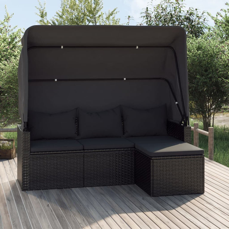 Tuinbank 3-zits met dak en voetenbank poly rattan zwart MeubelReus