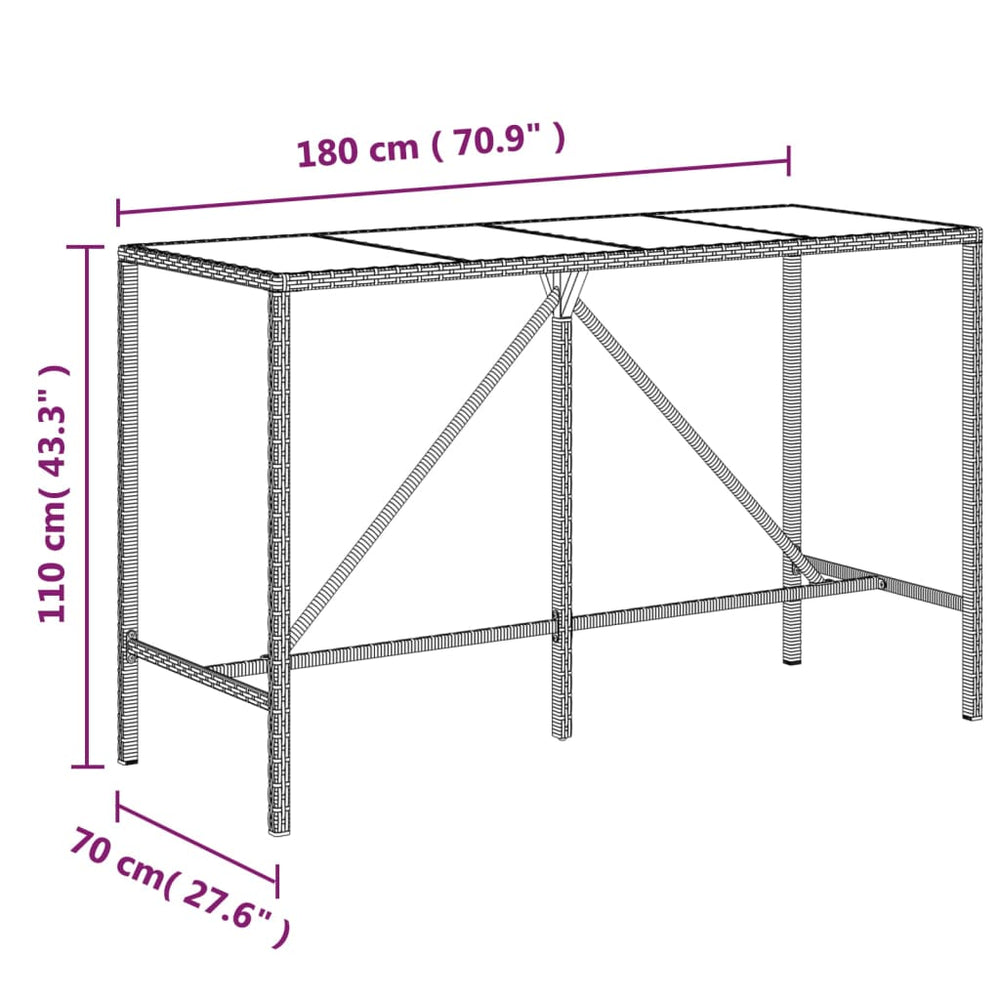 Bartafel met glazen blad 180x70x110 cm poly rattan zwart MeubelReus