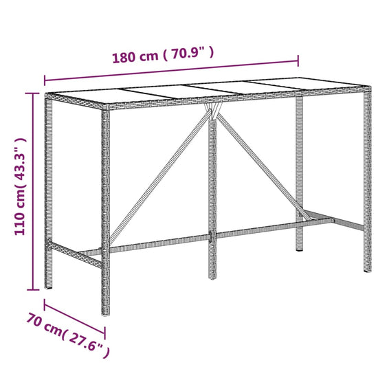 Bartafel met glazen blad 180x70x110 cm poly rattan grijs MeubelReus