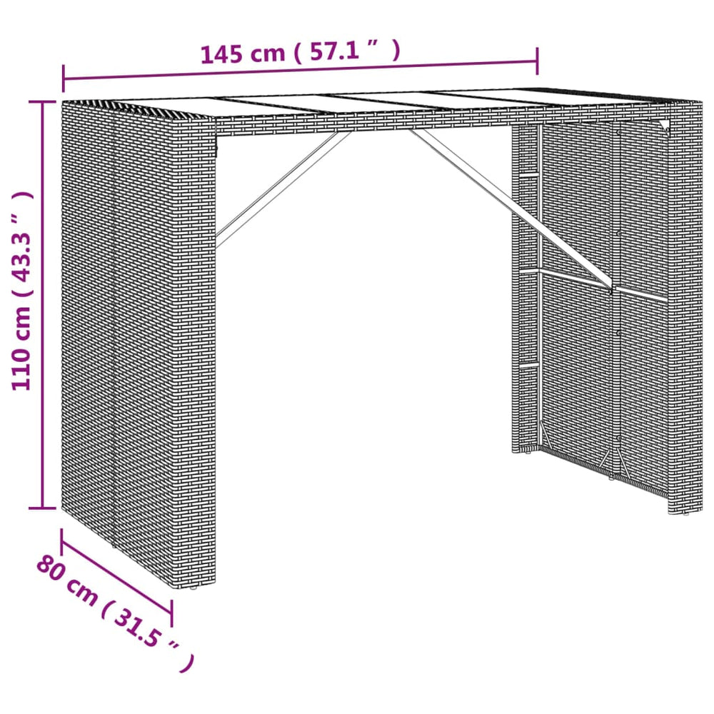 Bartafel met glazen blad 145x80x110 cm poly rattan grijs MeubelReus