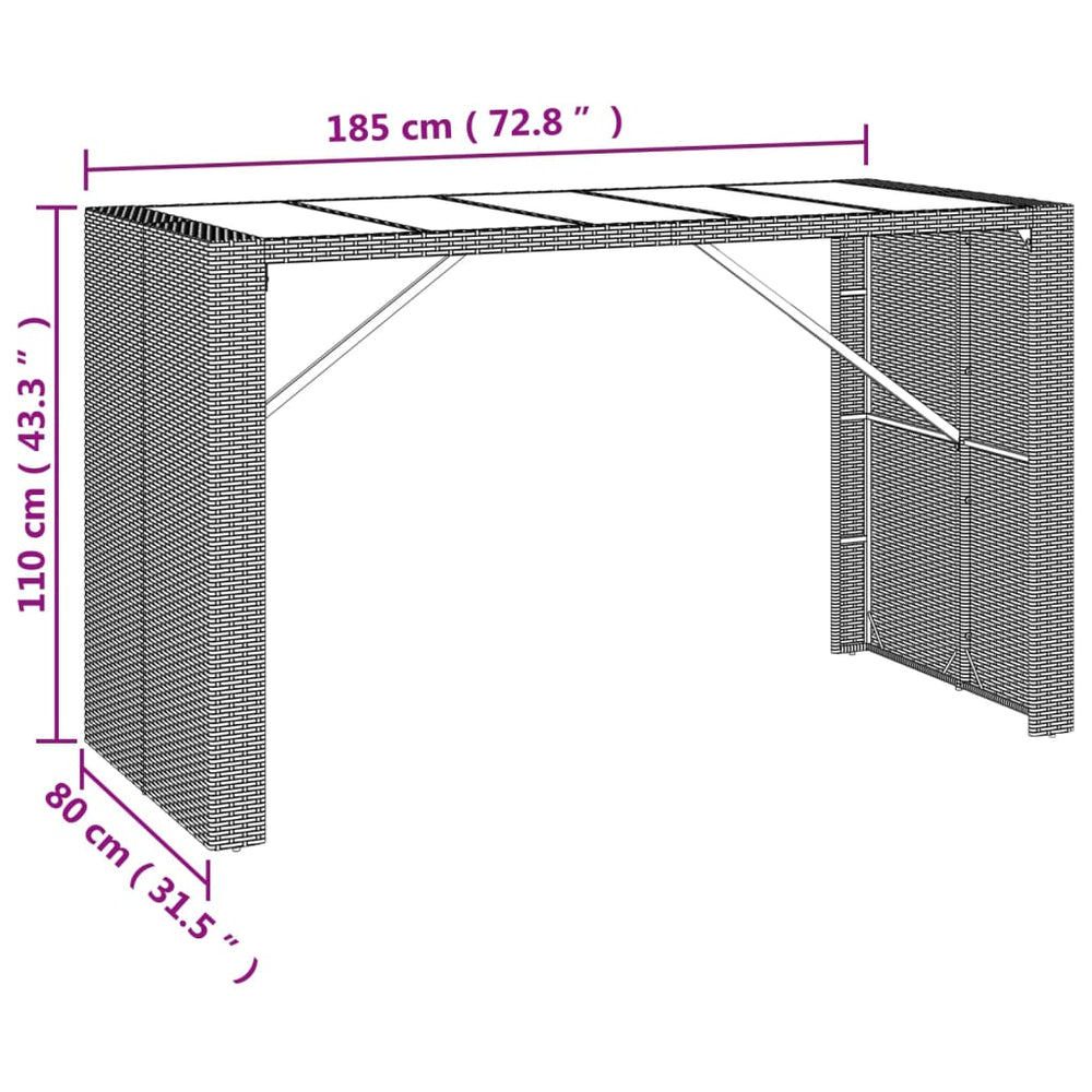 Bartafel met glazen blad 185x80x110 cm poly rattan grijs MeubelReus