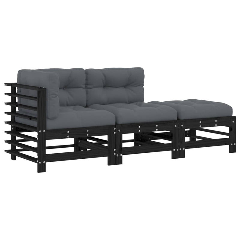3-delige Loungeset met kussens massief hout zwart MeubelReus