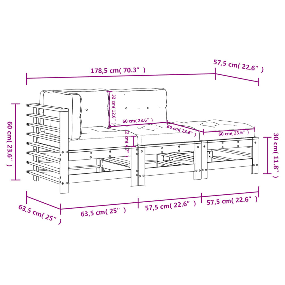 3-delige Loungeset met kussens massief hout zwart MeubelReus