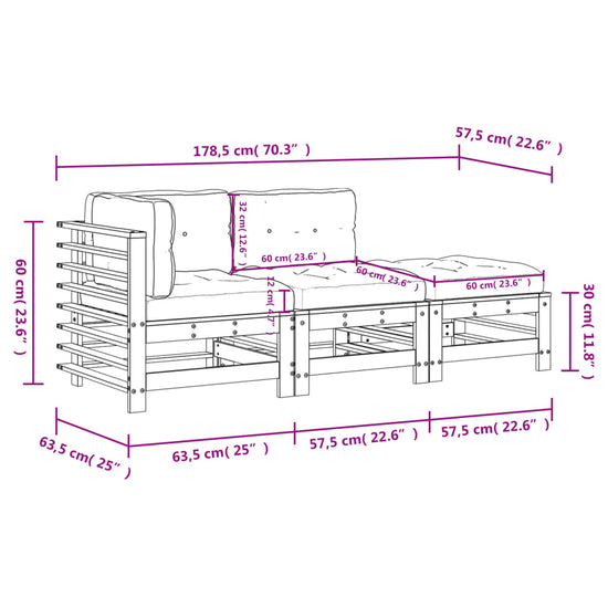 3-delige Loungeset met kussens massief hout zwart MeubelReus