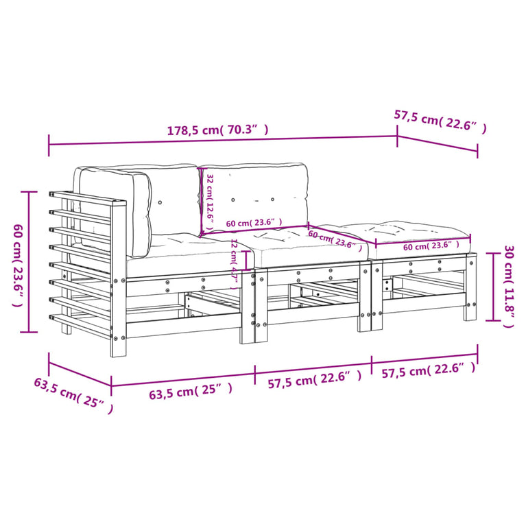 3-delige Loungeset met kussens massief hout zwart MeubelReus