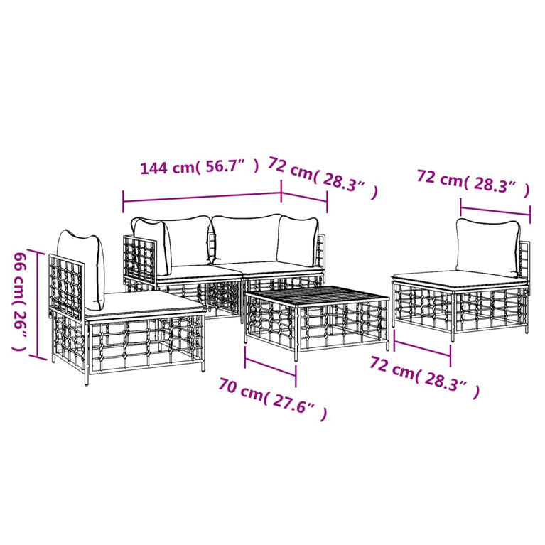 5-delige Loungeset met kussens poly rattan antracietkleurig MeubelReus