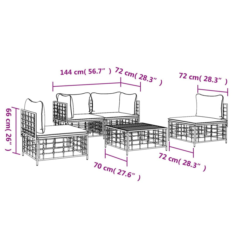 5-delige Loungeset met kussens poly rattan antracietkleurig MeubelReus